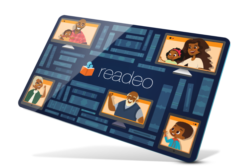 A Readeo gift card showing a family reading together over video